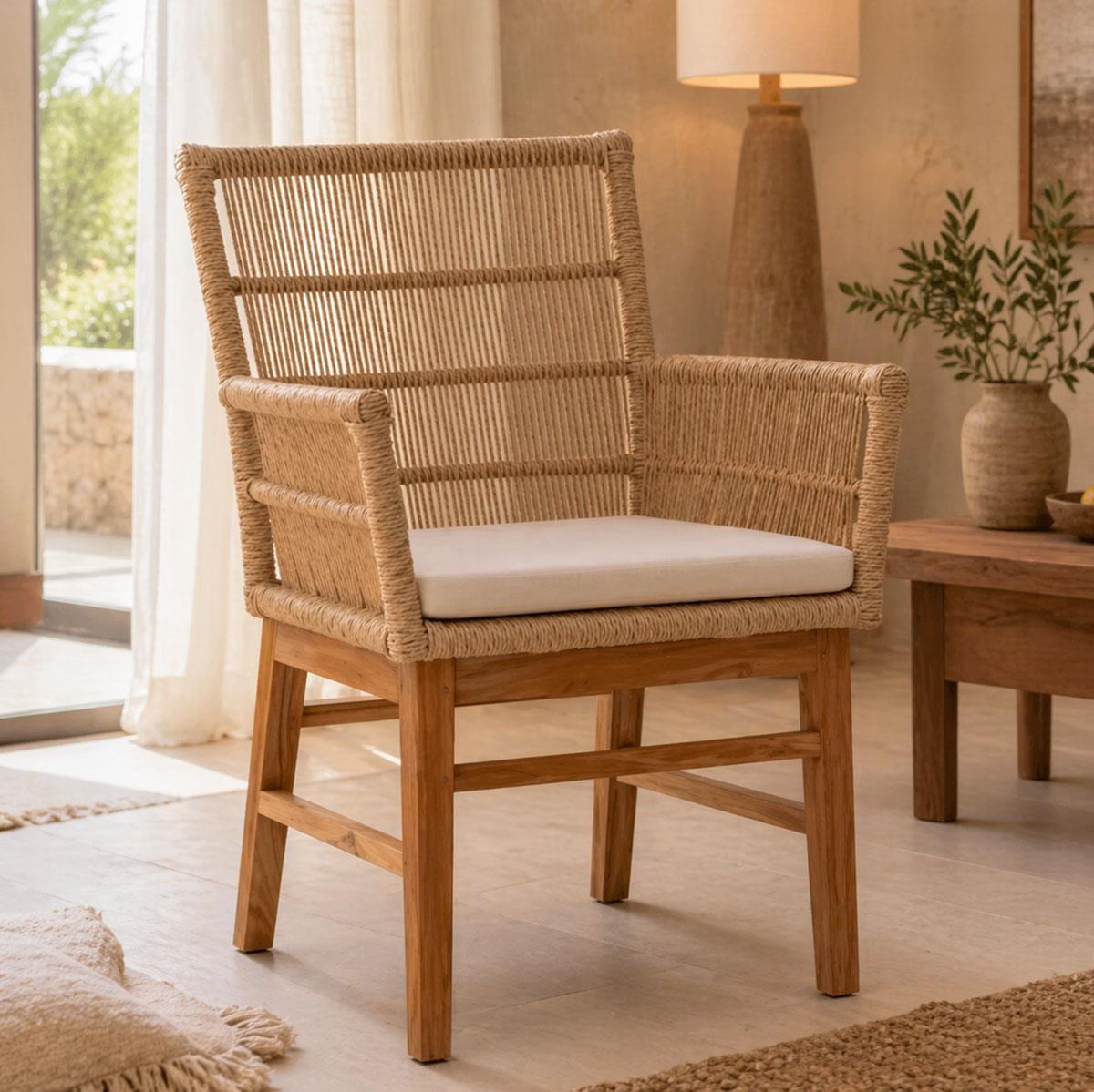 Πολυθρόνα Inca  teak ξύλο και pe σχοινί σε φυσική-μπεζ απόχρωση με μαξιλάρι 60x61x90εκ