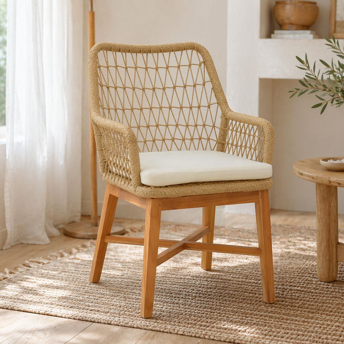 Πολυθρόνα Elaiza pakoworl teak ξύλο και pe σχοινί σε φυσική-μπεζ απόχρωση με μαξιλάρι 58x60x90εκ