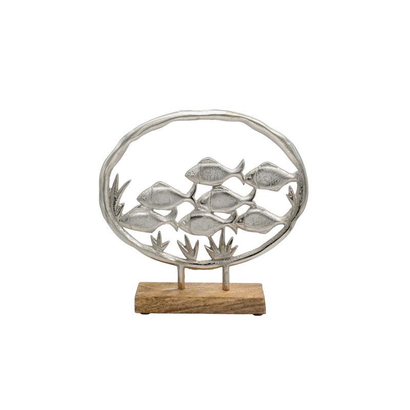Διακοσμητικό Fish on ring 2789 Fylliana Αλουμινίου με Ξύλινη Βάση Ασημί χρώμα 25x5x24εκ