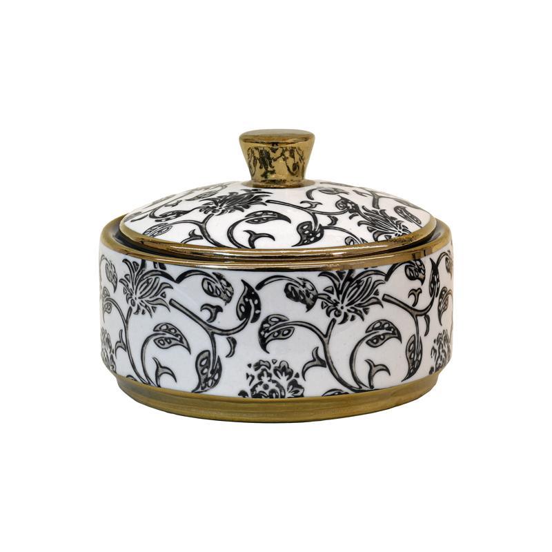 Κεραμικό Δοχείο με Καπάκι FL22960 Fylliana Μαύρο - Λευκό - Χρυσό Φ15x11 εκ.