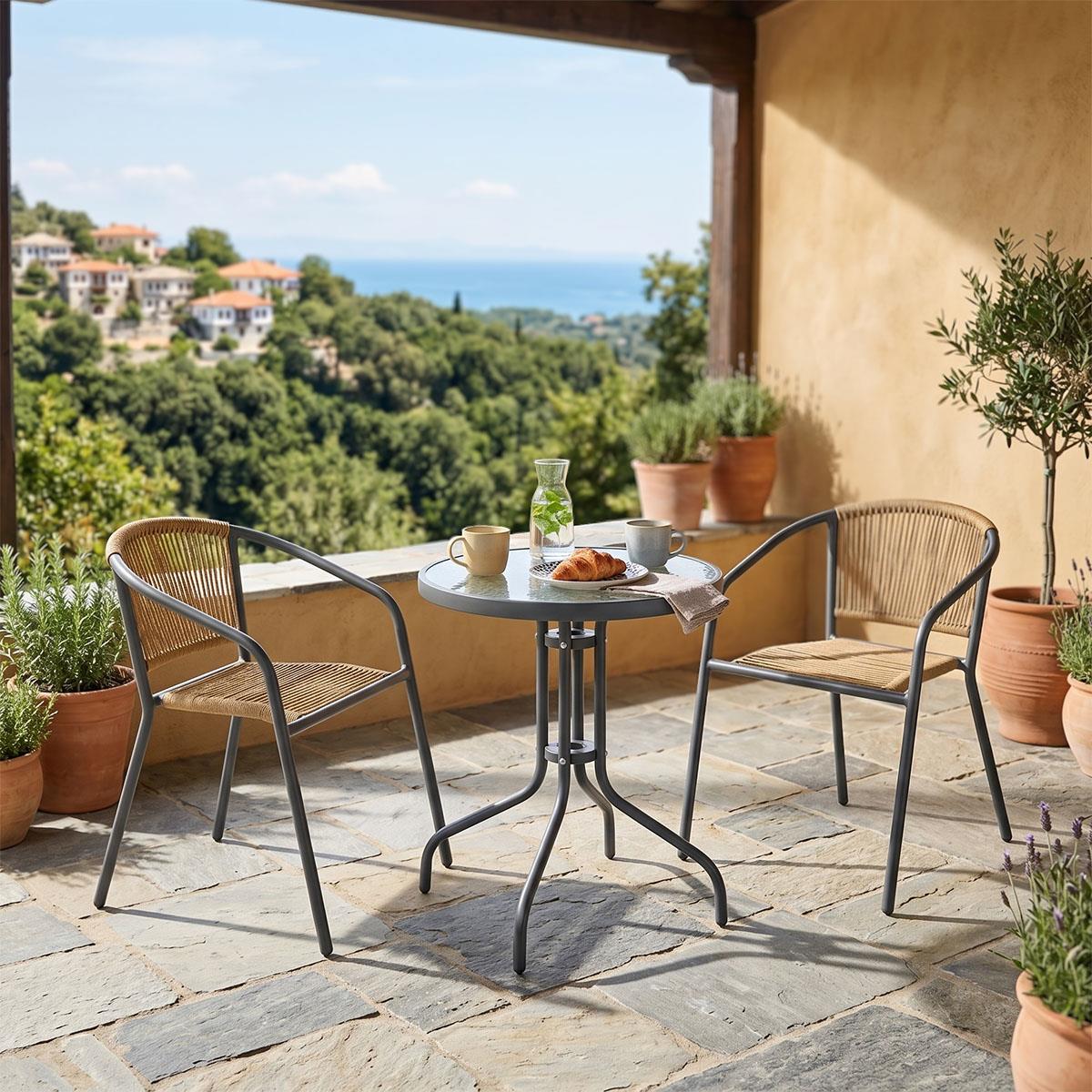 Σετ κήπου Τραπεζαρία Watson - Lindaria 3 τεμ. μέταλλο ανθρακί - γυαλί - pe rattan φυσικό Φ60x70 εκ.
