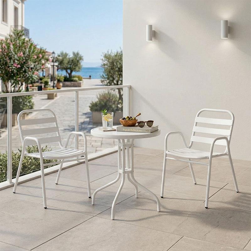 Σετ κήπου - Τραπεζαρία Watson - Sussie 3 τεμ. μέταλλο - γυαλί λευκό Φ60x70 εκ.