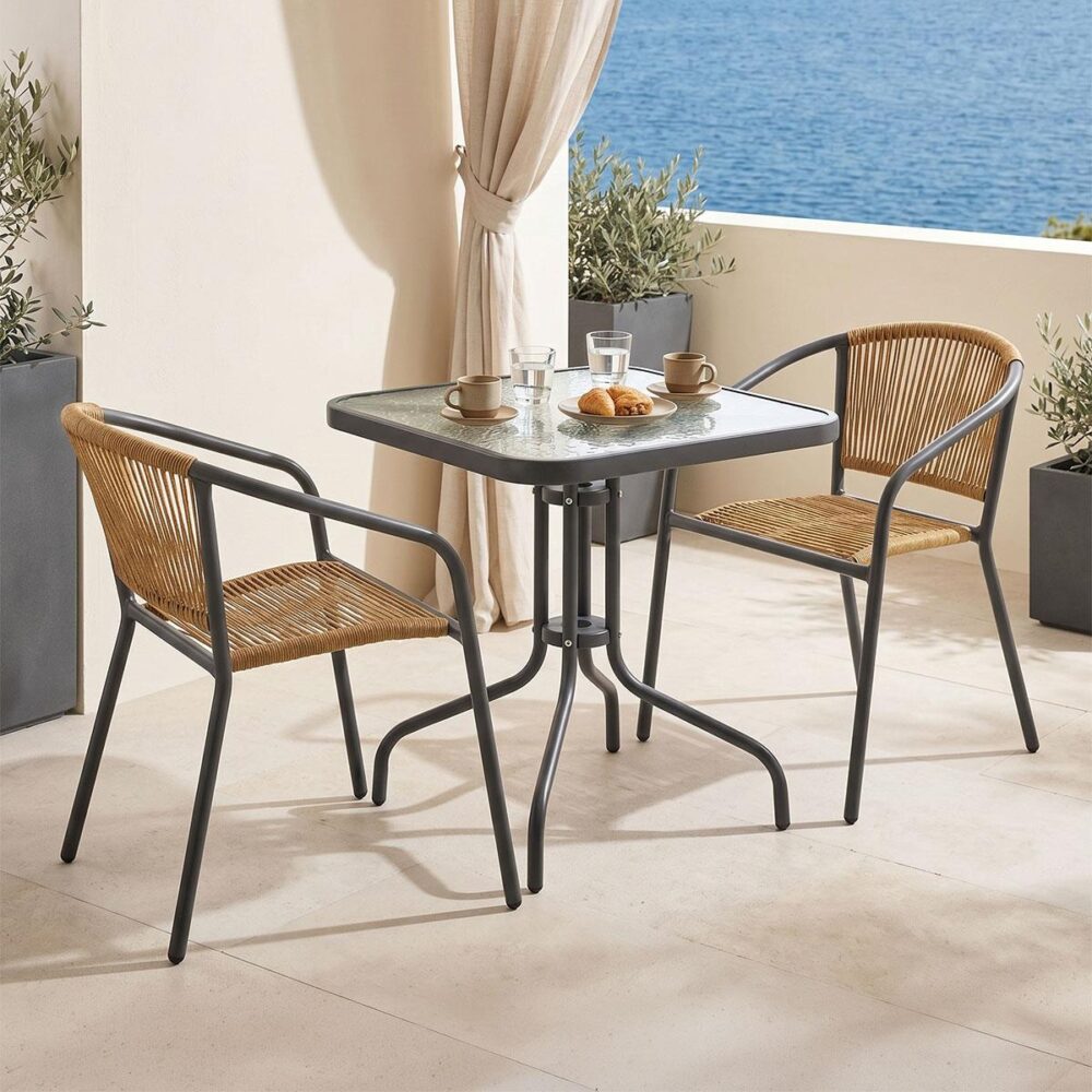 Σετ κήπου - Τραπεζαρία Watson - Lindaria 3 τεμ. μέταλλο ανθρακί - γυαλί - pe rattan φυσικό 70x70x70 εκ.