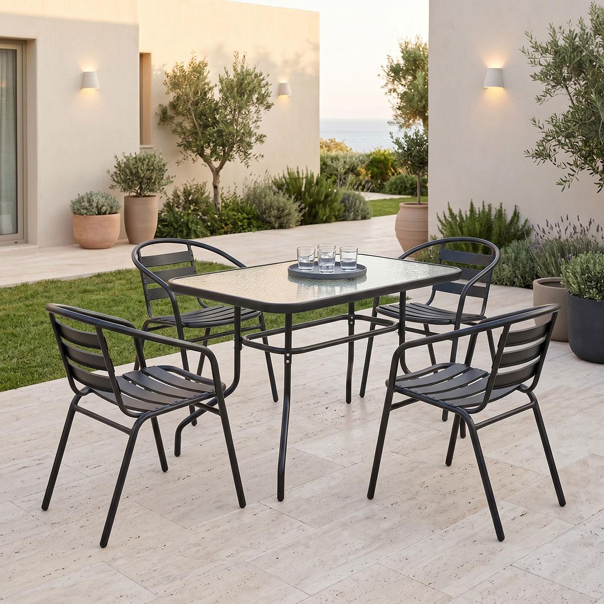 Σετ κήπου - Τραπεζαρία Valor - Tade 5 τεμ. μέταλλο μαύρο - γυαλί 110x60x70 εκ.