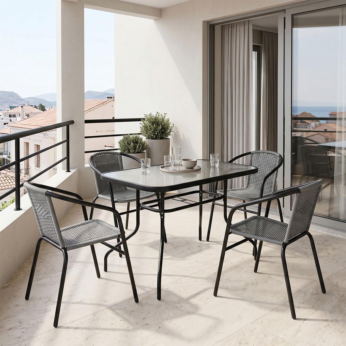 Σετ κήπου - Τραπεζαρία Valor - Obbi 5 τεμ. μέταλλο μαύρο - γυαλί - pe γκρι 110x60x70 εκ.