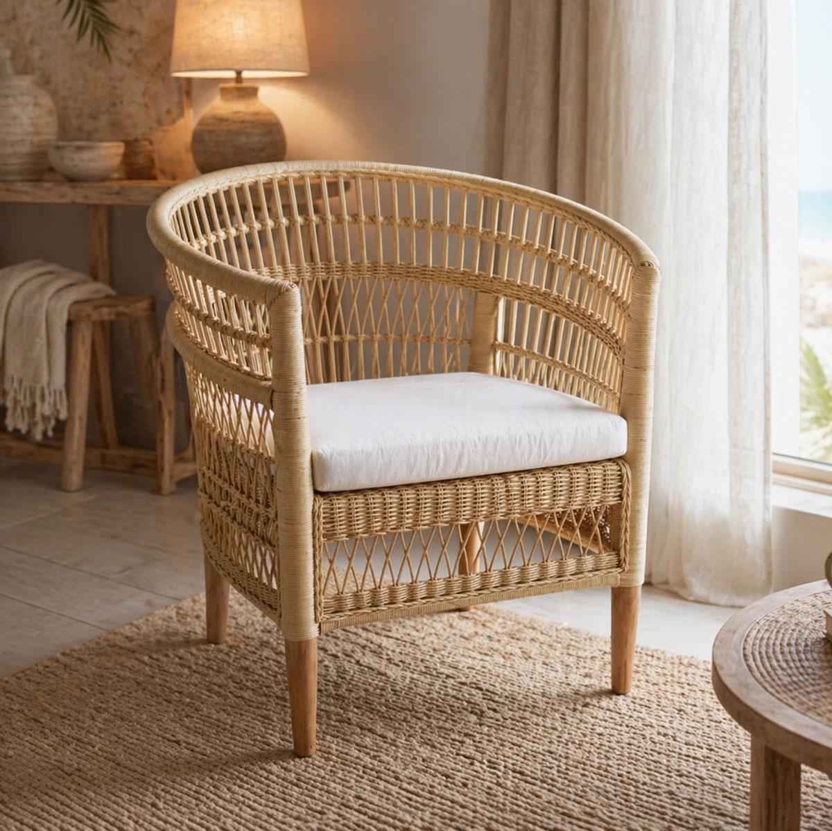 Πολυθρόνα Necorian Ξύλο Teak με PE Rattan σε Φυσικό χρώμα και Λευκό Μαξιλάρι 80x70x87εκ.