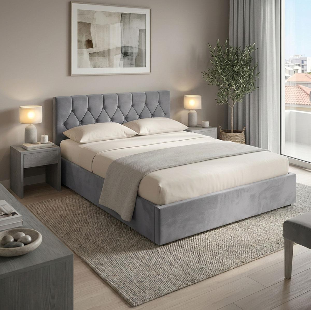 Επενδυμένο Κρεβάτι Kamaho Διπλό με Αποθηκευτικό χώρο Βελούδο Ανθρακί 160x200εκ.