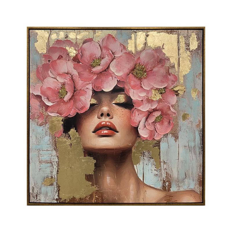 Πίνακας σε Καμβά "Woman with flowers 37220" Fylliana Μπέζ -Ρόζ και Λευκό 80x4x80εκ.