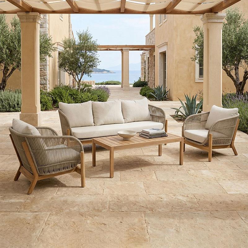 Σετ κήπου Verilan μασίφ ξύλο ακακίας με σχοινί και μπεζ μαξιλάρια