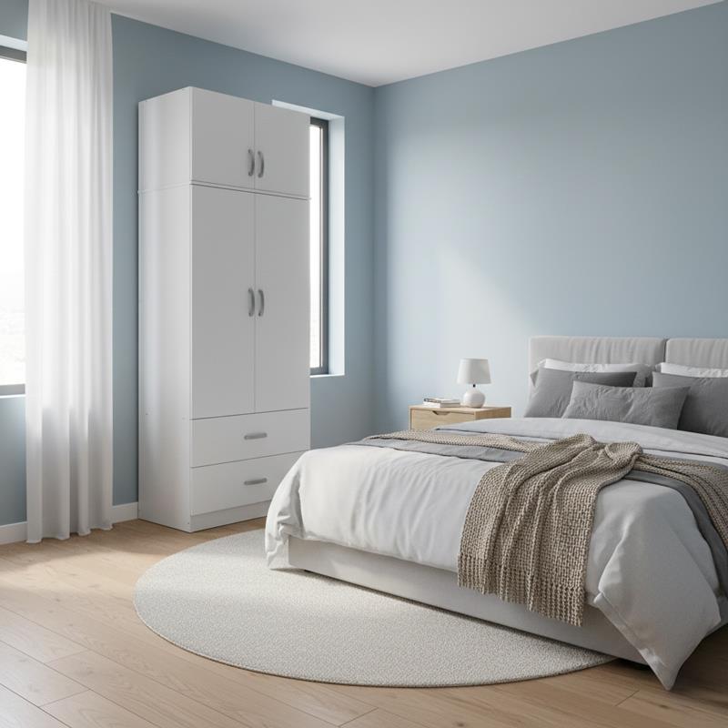 Ντουλάπα δίφυλλη με 2 συρτάρια και πατάρι Lego σε λευκή απόχρωση 80x42x240εκ