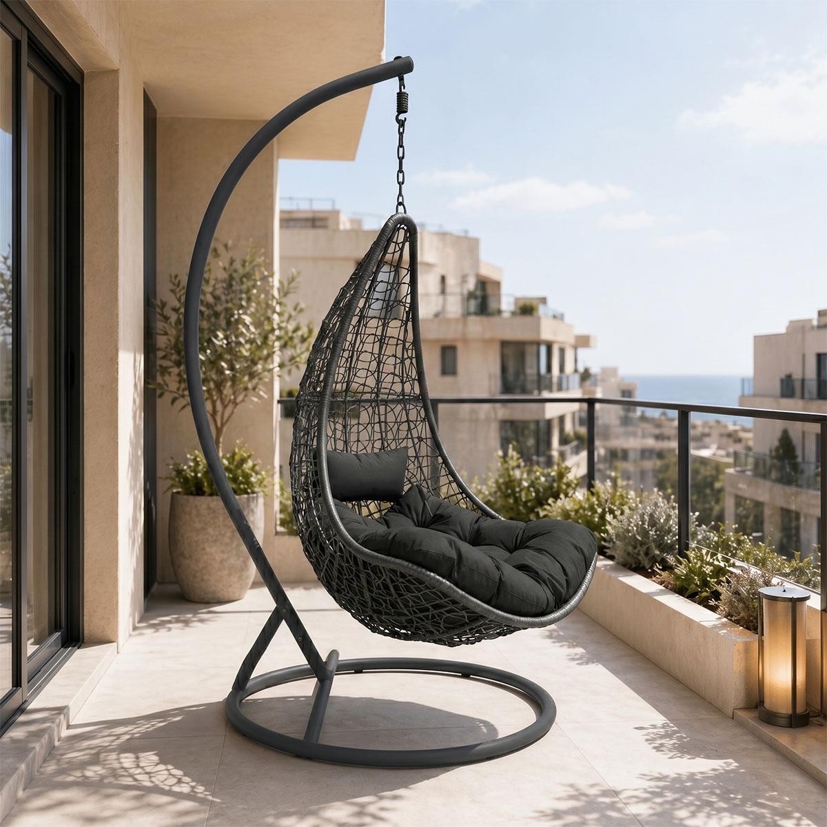 Κούνια φωλιά με βάση Soleil μέταλλο ανθρακί - pe rattan ανθρακί με γκρι μαξιλάρι 120x95x195εκ