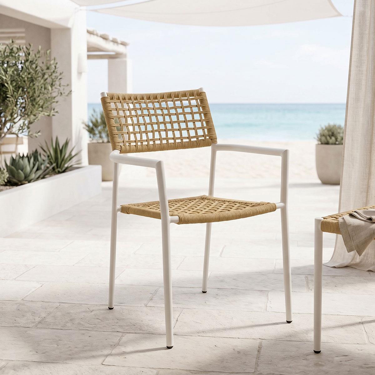 Καρέκλα Πολυθρόνα Castal στοιβαζόμενη μέταλλο σε λευκή -pe σχοινί σε φυσική απόχρωση 53x59x84εκ