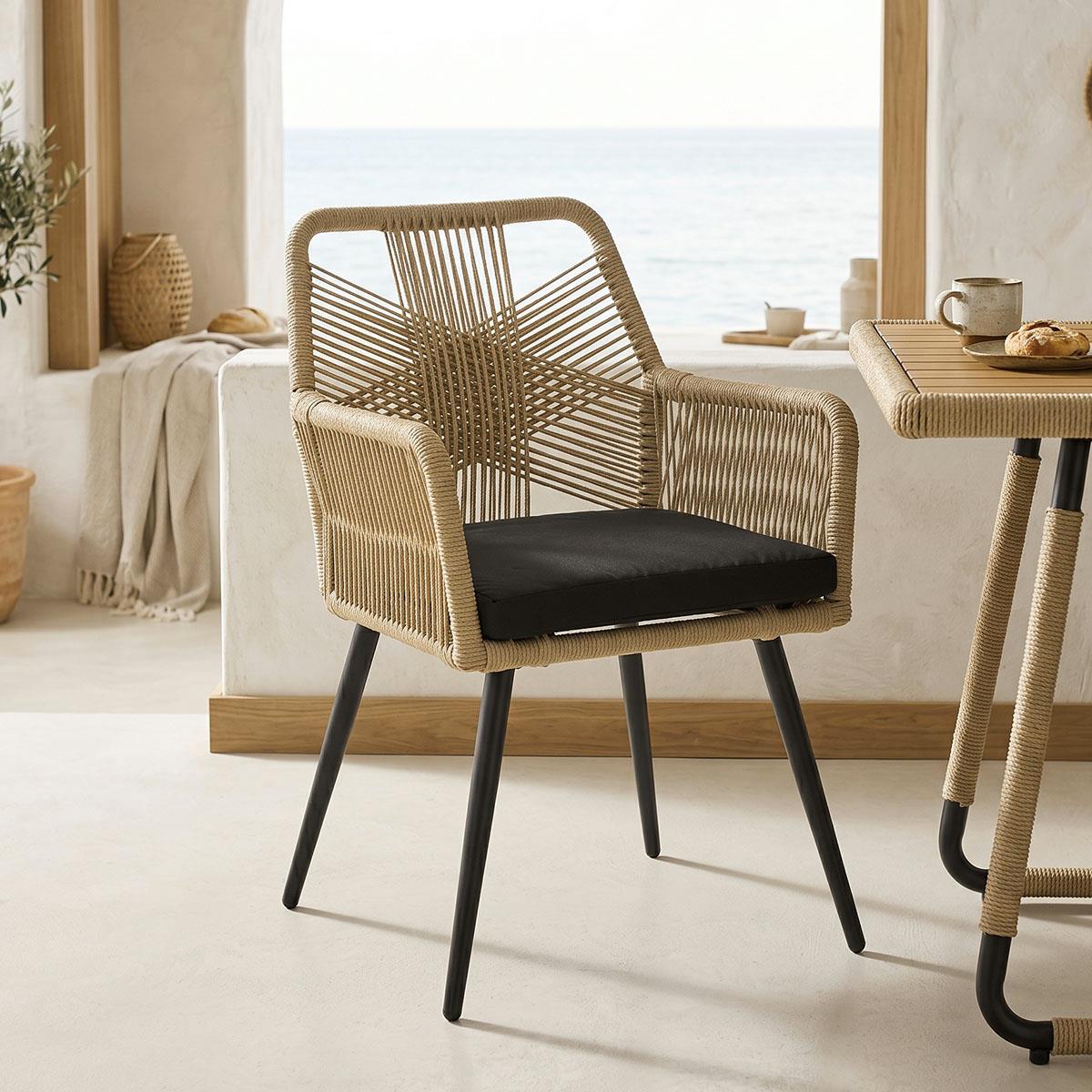 Καρέκλα Πολυθρόνα Andros αλουμίνιο σε μαύρη- pe σχοινί σε μπέζ απόχρωση 57x61x84,5εκ
