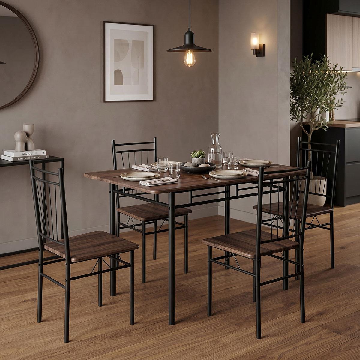 Σετ τραπεζαρία Roza 5τμχ mdf καρυδί με μεταλλικό μαύρο πόδι 110x60x75εκ