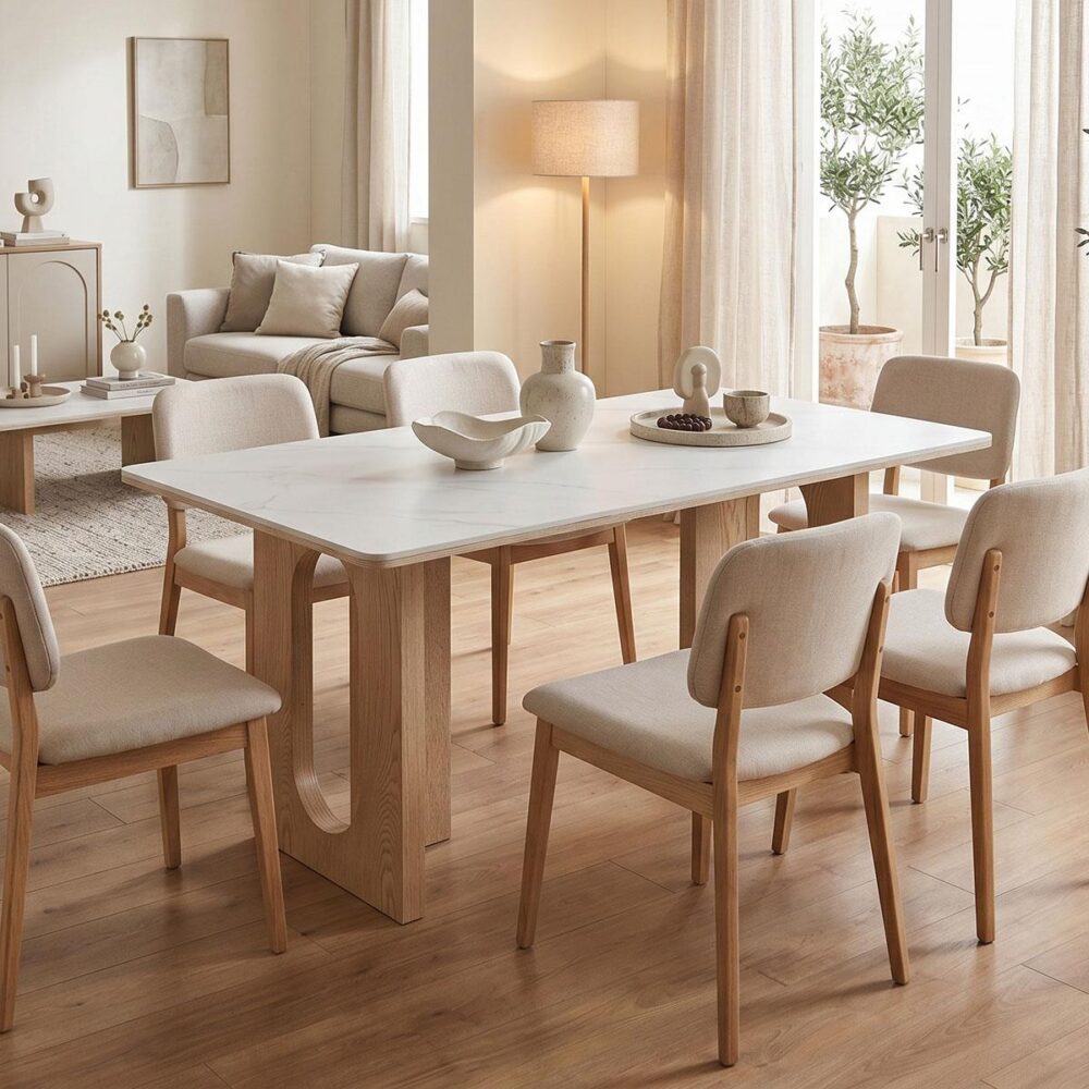 Τραπέζι Benqui sintered stone-mdf σε λευκό μαρμάρου με βάση σε φυσική απόχρωση 160x90x75εκ Τραπέζι Benqui sintered stone-mdf σε λευκό μαρμάρου με βάση σε φυσική απόχρωση 160x90x75εκ