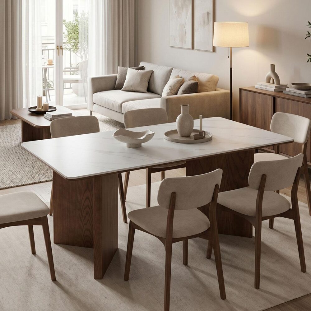 Τραπέζι Versy sintered stone-mdf σε λευκό μαρμάρου με καρυδί βάση 160x90x75εκ Τραπέζι Versy sintered stone-mdf σε λευκό μαρμάρου με καρυδί βάση 160x90x75εκ
