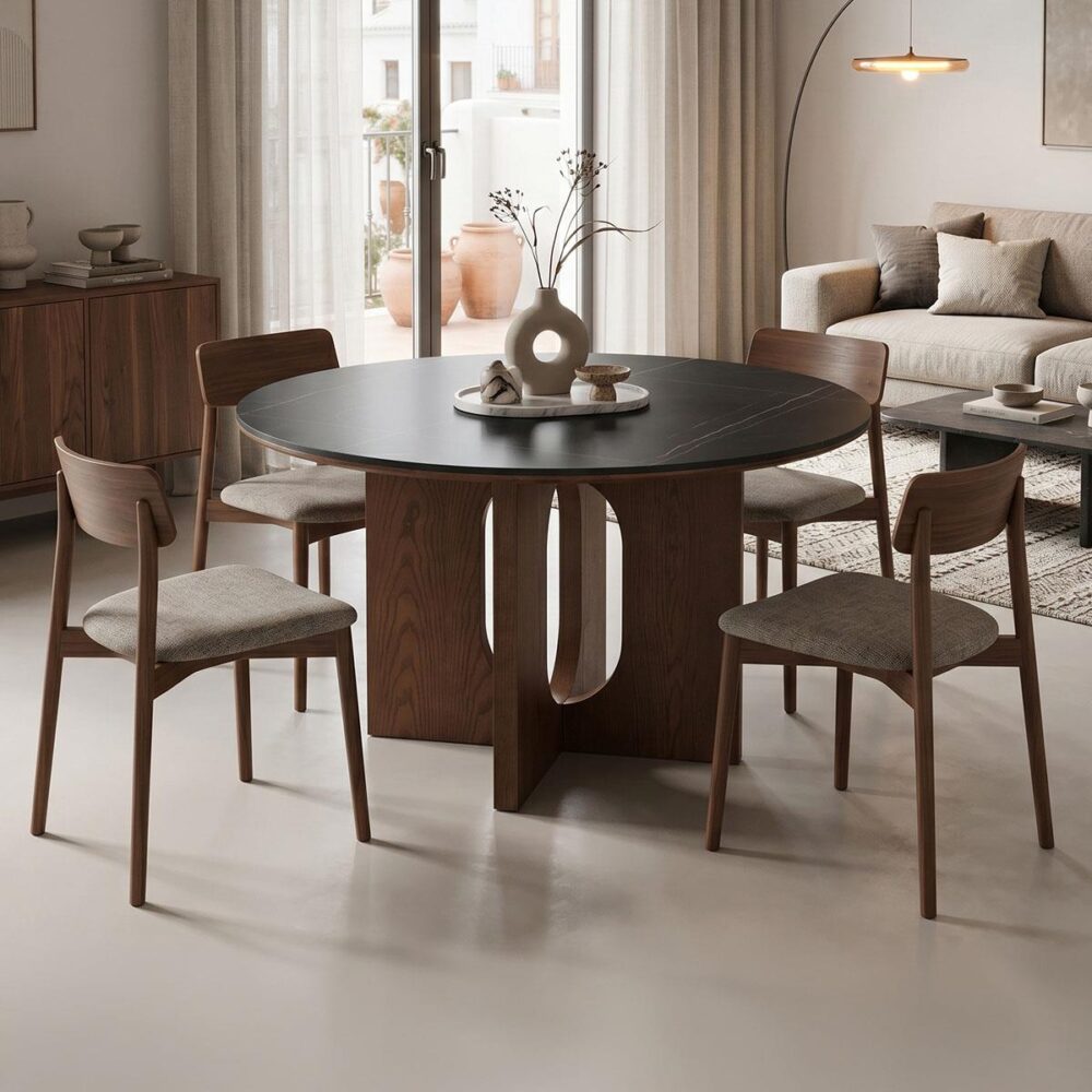 Τραπέζι Merge sintered stone-mdf σε μαύρο μαρμάρου με καρυδί βάση Φ130x75εκ Τραπέζι Merge sintered stone-mdf σε μαύρο μαρμάρου με καρυδί βάση Φ130x75εκ