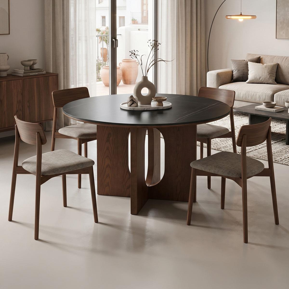 Τραπέζι Merge sintered stone-mdf σε μαύρο μαρμάρου με καρυδί βάση Φ130x75εκ