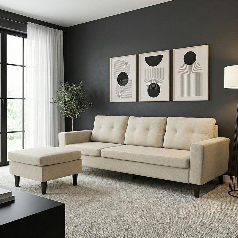 Γωνιακός καναπές Maneli αναστρέψιμος ύφασμα άμμου -μπεζ 196x138/77x82εκ