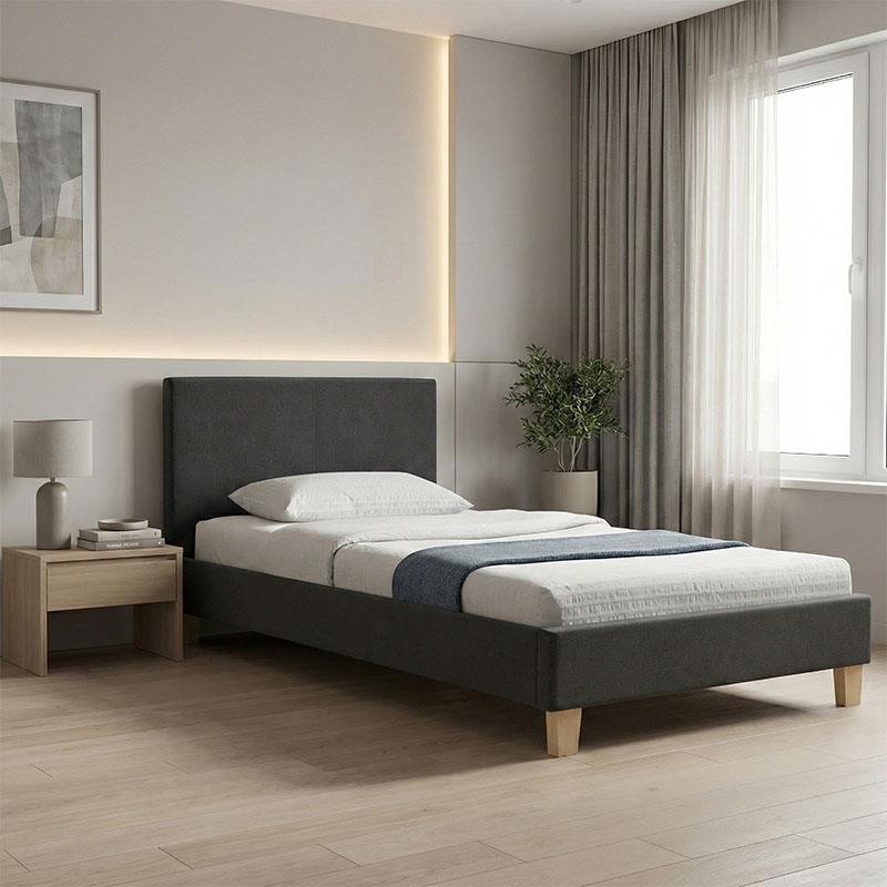 Επενδυμένο κρεβάτι Nevil Μονό ύφασμα ανθρακί με ξύλινο πόδι σε φυσική απόχρωση 90x190εκ