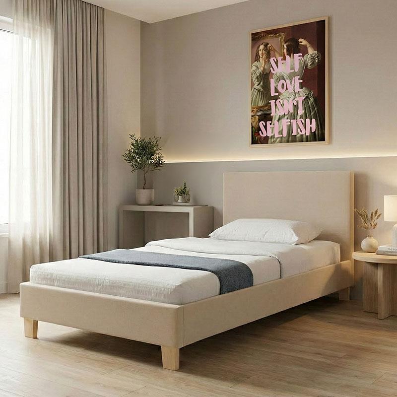 Επενδυμένο κρεβάτι Nevil Μονό ύφασμα εκρού με ξύλινο πόδι σε φυσική απόχρωση 90x190εκ