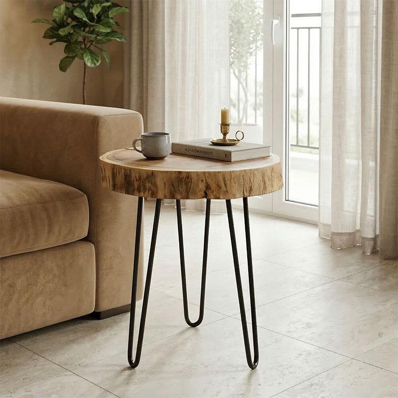 Βοηθητικό τραπέζι Tripp Ι μασίφ ξύλο ακακίας σε φυσική απόχρωση - μαύρα μεταλλικά πόδια Φ41x45εκ