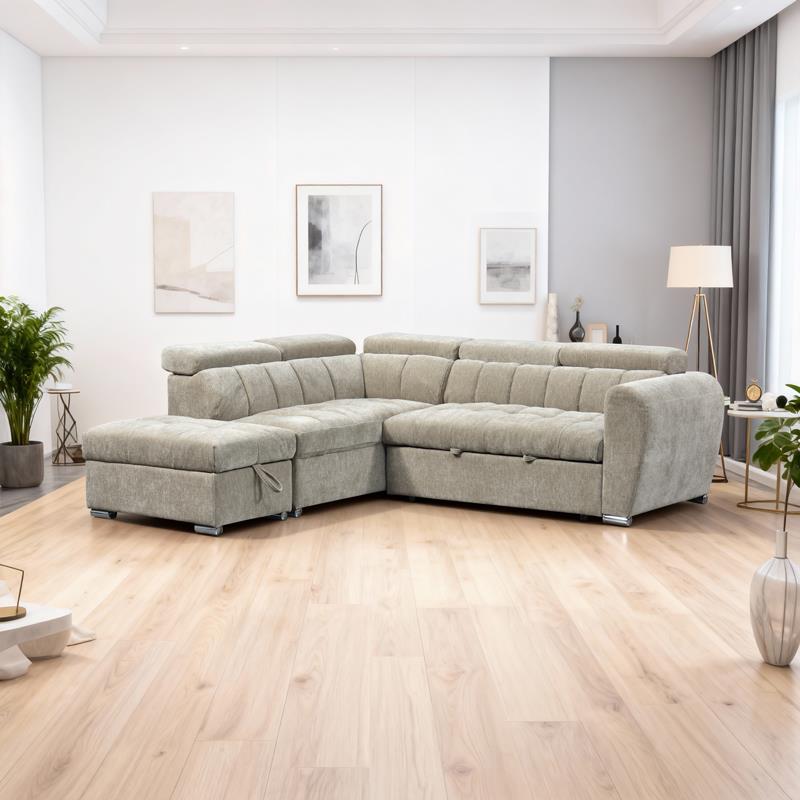 Γωνιακός καναπές - κρεβάτι Nuvora δεξιά γωνία με αποθηκευτικό χώρο μπεζ ύφασμα 244x225x79εκ