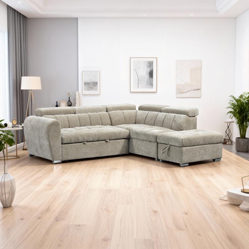 Γωνιακός καναπές - κρεβάτι Nuvora αριστερή γωνία με αποθηκευτικό χώρο μπεζ ύφασμα 244x225x79εκ