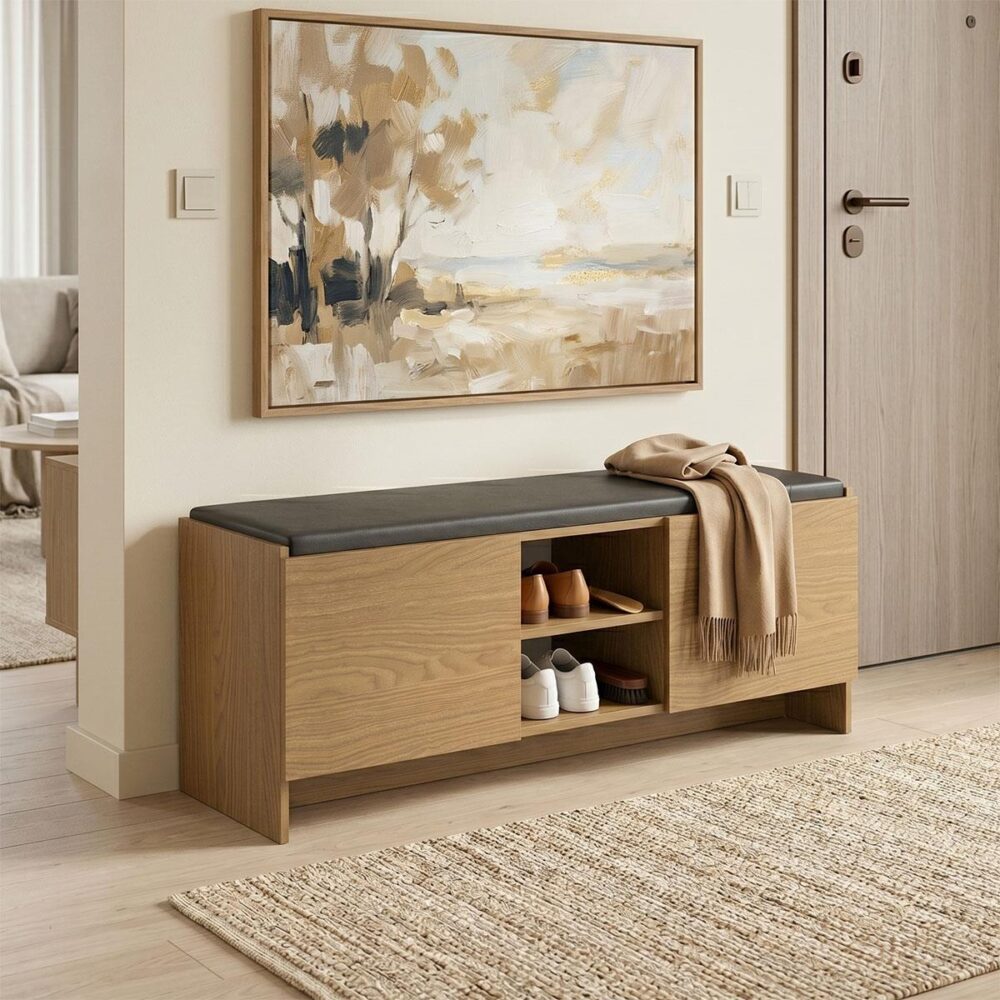 Έπιπλο εισόδου σκαμπό - παπουτσοθήκη Zulla 10 ζεύγων ανοιχτό καρυδί 110x37x43εκ