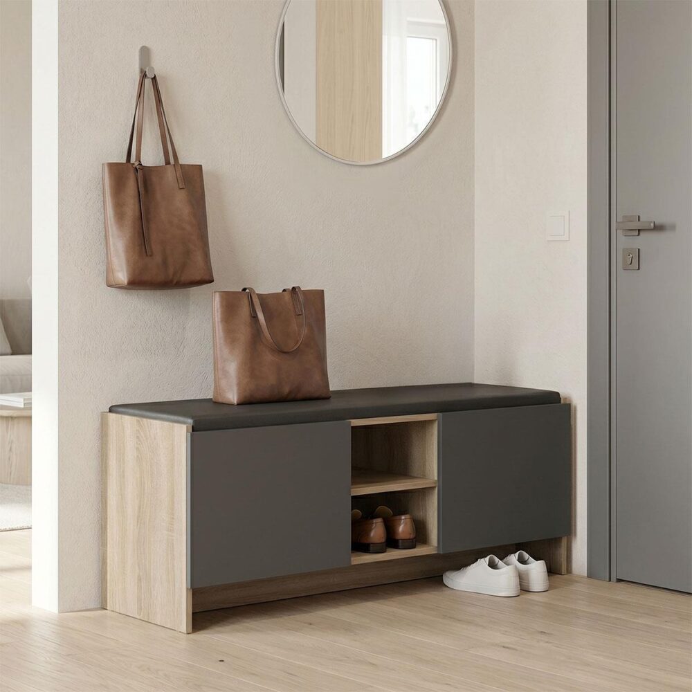 Έπιπλο εισόδου σκαμπό - παπουτσοθήκη Zulla 10 ζεύγων sonoma - ανθρακί 110x37x43Υεκ.