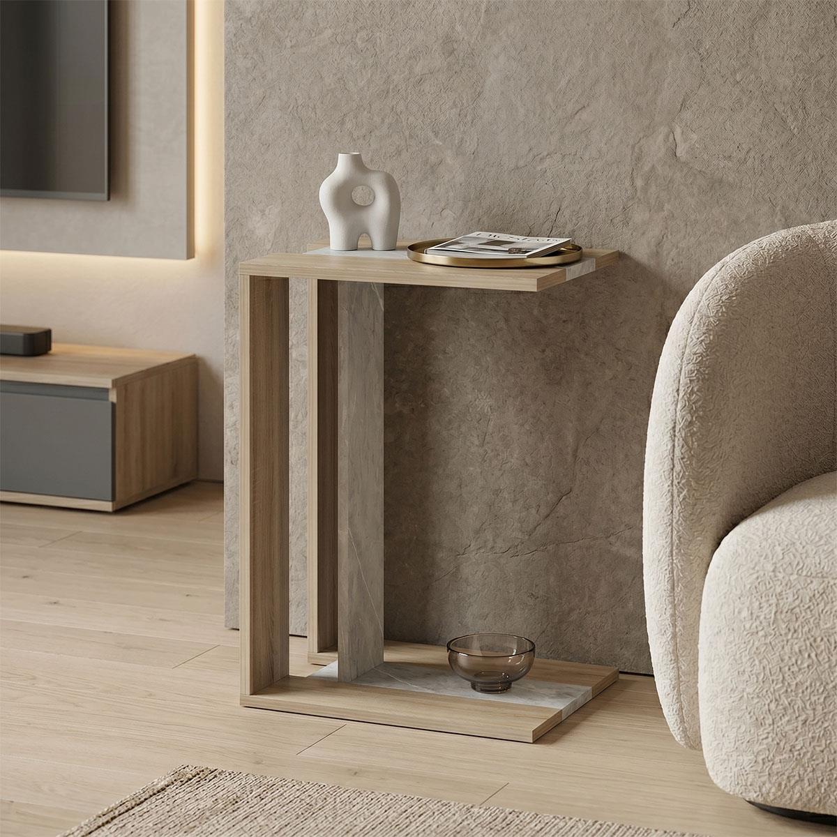 Βοηθητικό τραπεζάκι Muju sonoma - μπεζ όψη μαρμάρου 30x40x55Υεκ.