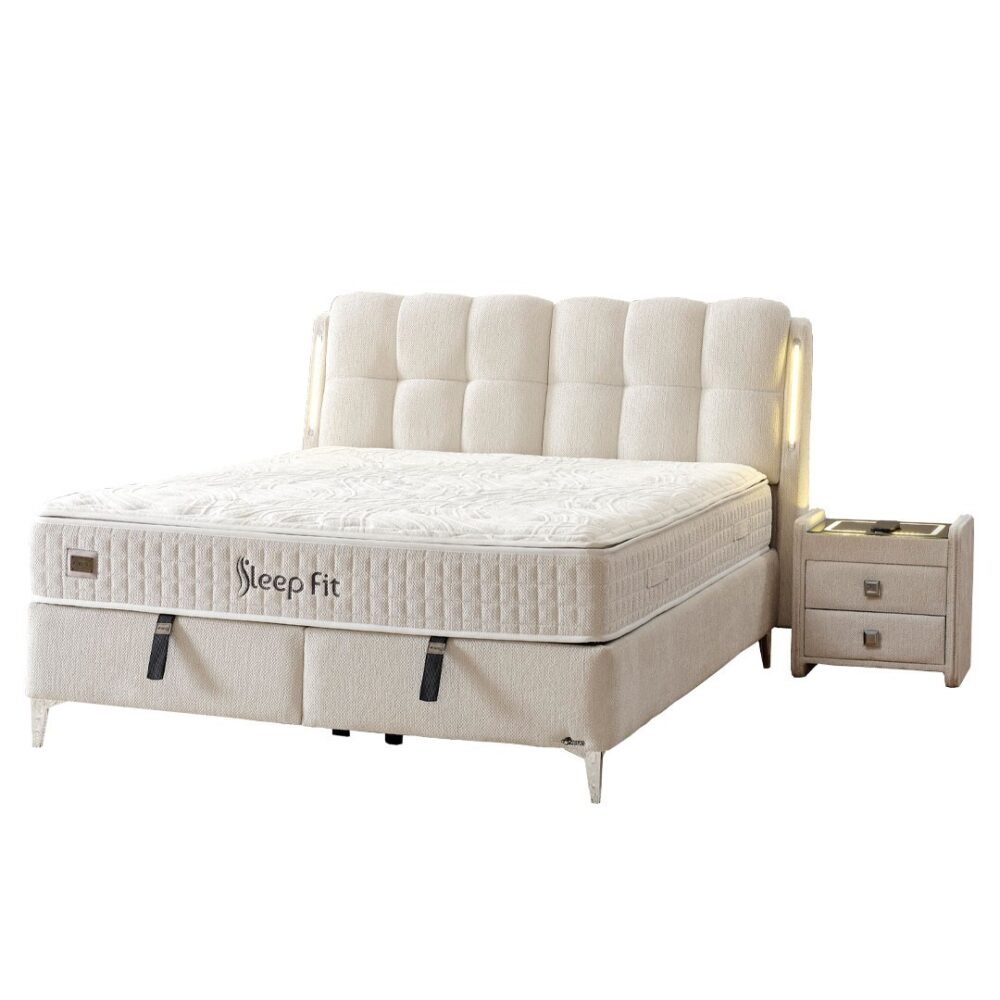Επενδυμένο Κρεβάτι SLEEP FIT Διπλό με Αποθηκευτικό χώρο και Ανατομικό Στρώμα Μπέζ 160x200εκ.