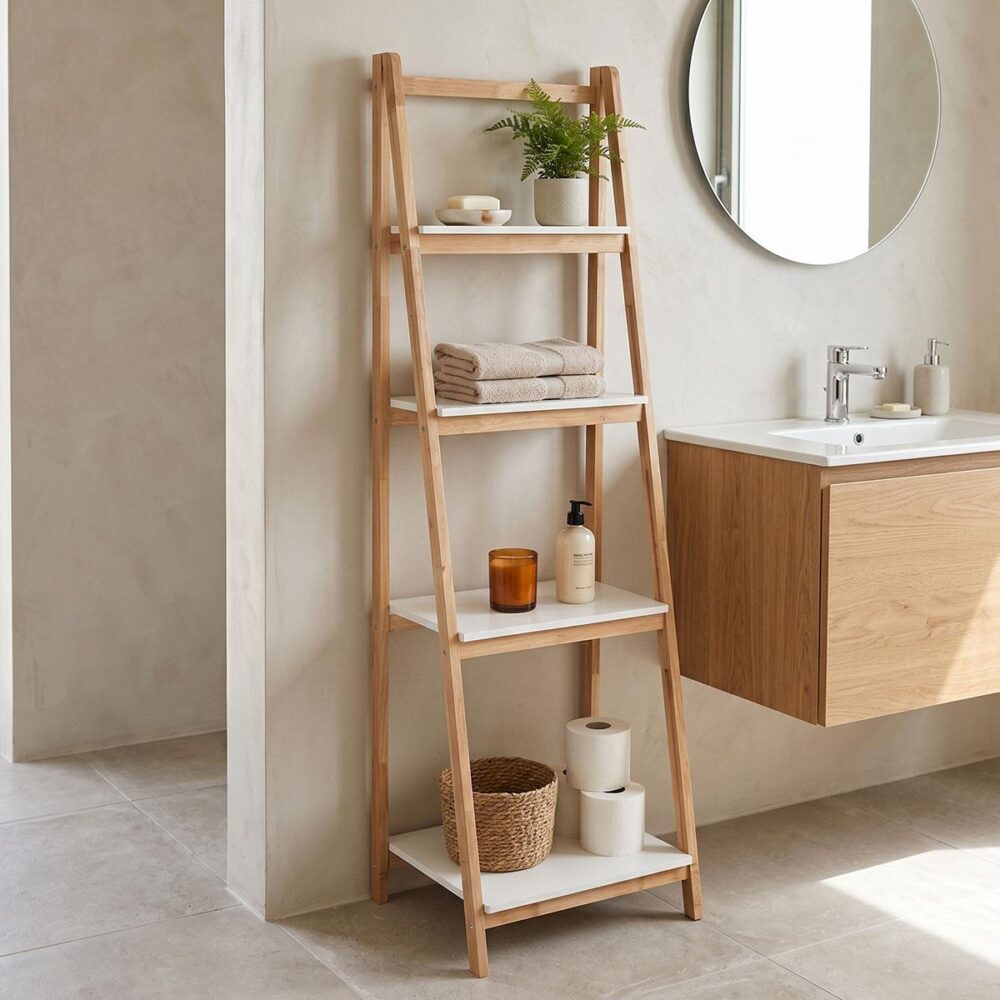 Ραφιέρα δαπέδου Benwen πτυσσόμενη rubberwood-mdf σε λευκή-φυσική απόχρωση 42x34.5x140εκ Ραφιέρα δαπέδου Benwen πτυσσόμενη rubberwood-mdf σε λευκή-φυσική απόχρωση 42x34.5x140εκ
