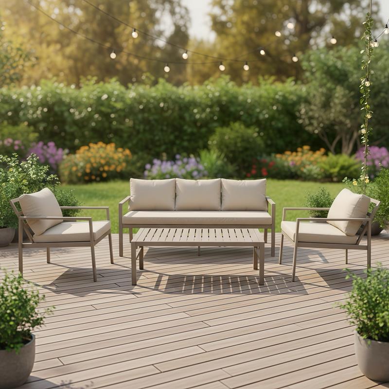 Σετ Σαλόνι κήπου Gardenly Ι 4τεμ αλουμίνιο cappuccino με γκρι-μπεζ μαξιλάρια
