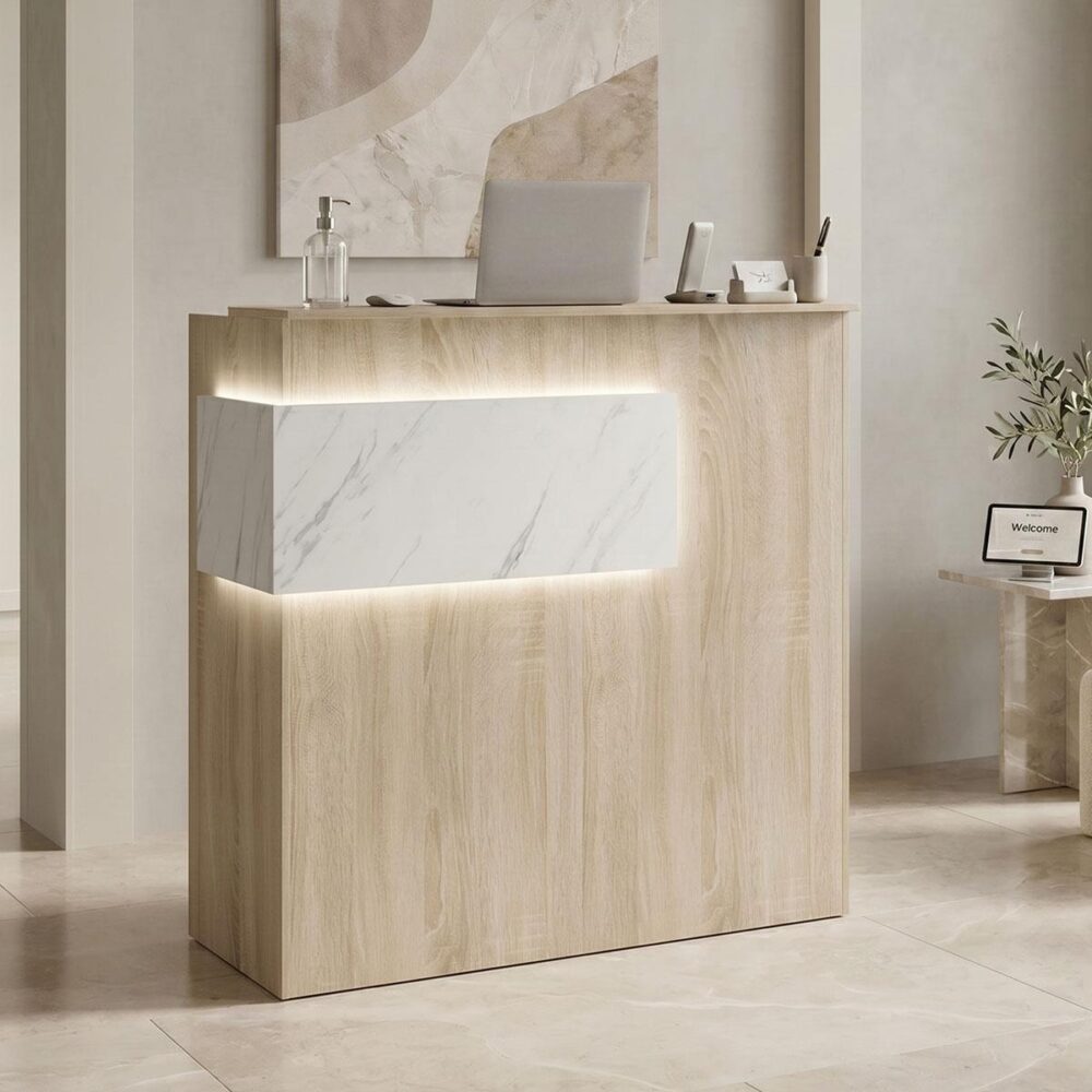 Γραφείο reception Optima με led sonoma - λευκή όψη μαρμάρου 110x40x110εκ Γραφείο reception Optima με led sonoma - λευκή όψη μαρμάρου 110x40x110εκ