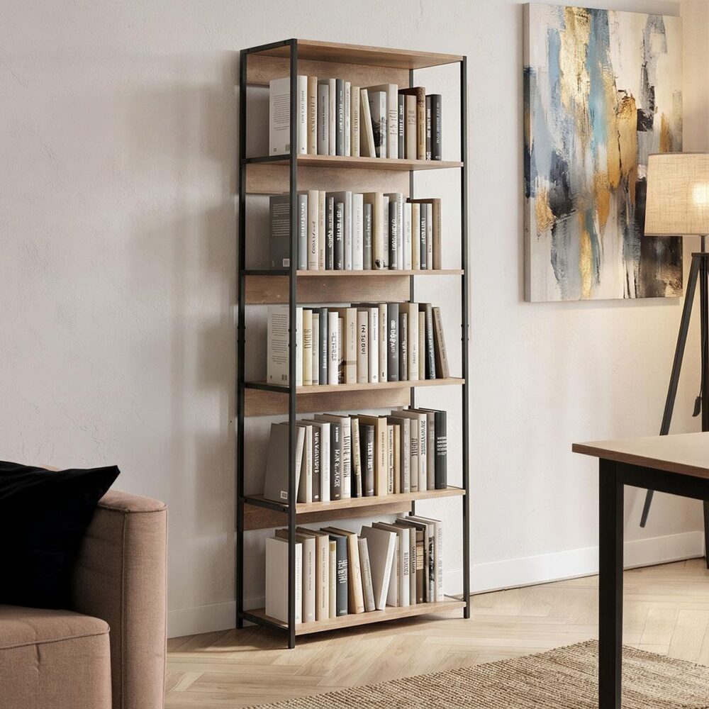 Βιβλιοθήκη Kaliano oak - μαύρο μέταλλο 59,5x35x176,5εκ
