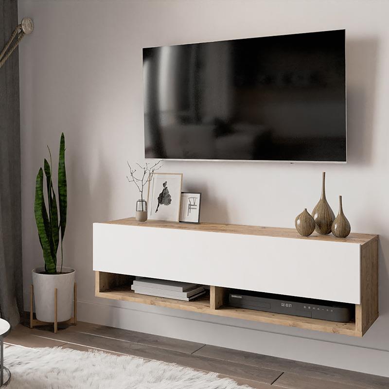 Έπιπλο τηλεόρασης επιτοίχιο Roscoe λευκό-oak 100x31.5x29.5εκ Έπιπλο τηλεόρασης επιτοίχιο Roscoe λευκό-oak 100x31.5x29.5εκ