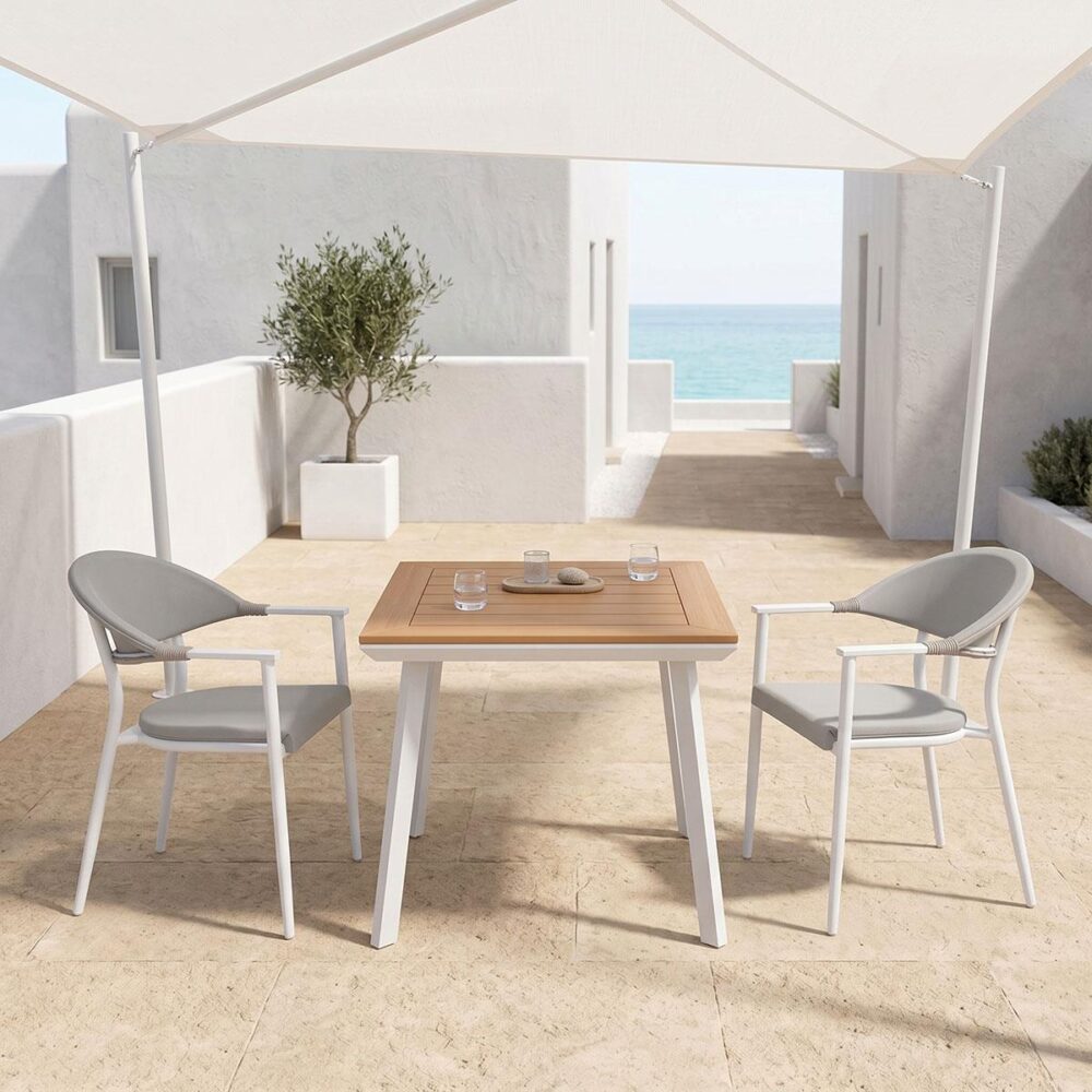 Τραπεζαρία Synergy-Pino σετ 3τεμ λευκό αλουμίνιο και plywood σε φυσικό χρώμα 80x80x74εκ