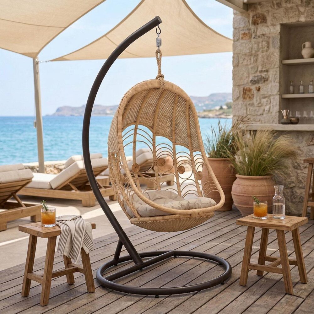Κούνια Labreone rattan pe φυσική απόχρωση -μαύρο μέταλλο-μπεζ μαξιλάρι 82x82x200εκ