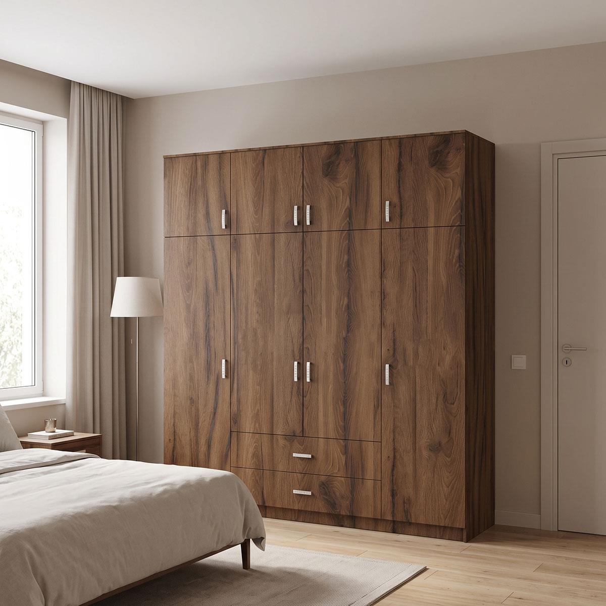 Ντουλάπα τετράφυλλη με συρτάρια Royal καρυδί-oak 200x58x230εκ. Ντουλάπα τετράφυλλη με συρτάρια Royal καρυδί-oak 200x58x230εκ.