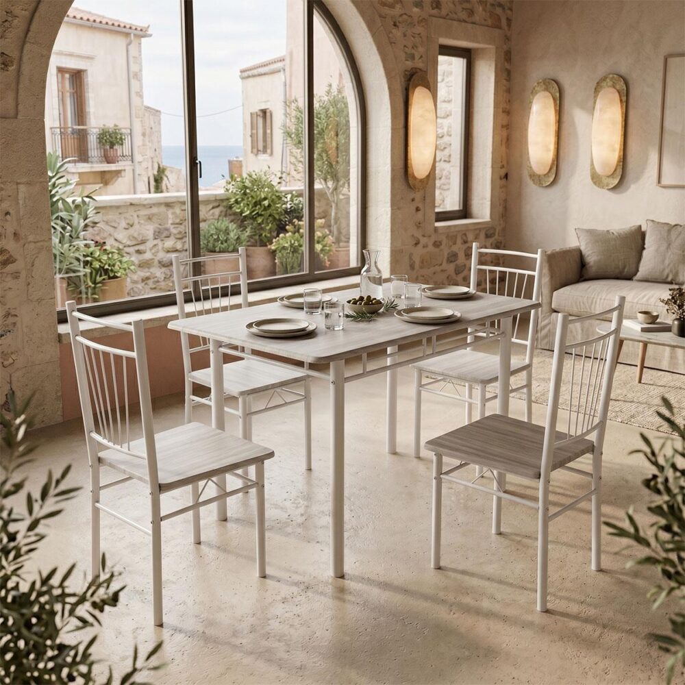 Σετ τραπεζαρία Roza 5τμχ mdf sonoma με μεταλλικό λευκό πόδι 120x65x75εκ Σετ τραπεζαρία Roza 5τμχ mdf sonoma με μεταλλικό λευκό πόδι 120x65x75εκ