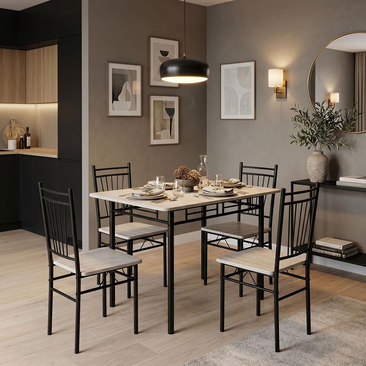 Σετ τραπεζαρία Roza 5τμχ mdf sonoma με μεταλλικό μαύρο πόδι 110x60x75εκ Σετ τραπεζαρία Roza 5τμχ mdf sonoma με μεταλλικό μαύρο πόδι 110x60x75εκ
