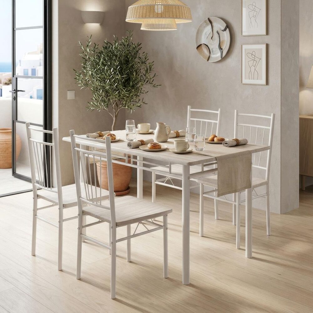 Σετ τραπεζαρία Roza 5τμχ mdf sonoma με μεταλλικό λευκό πόδι 110x60x75εκ Σετ τραπεζαρία Roza 5τμχ mdf sonoma με μεταλλικό λευκό πόδι 110x60x75εκ