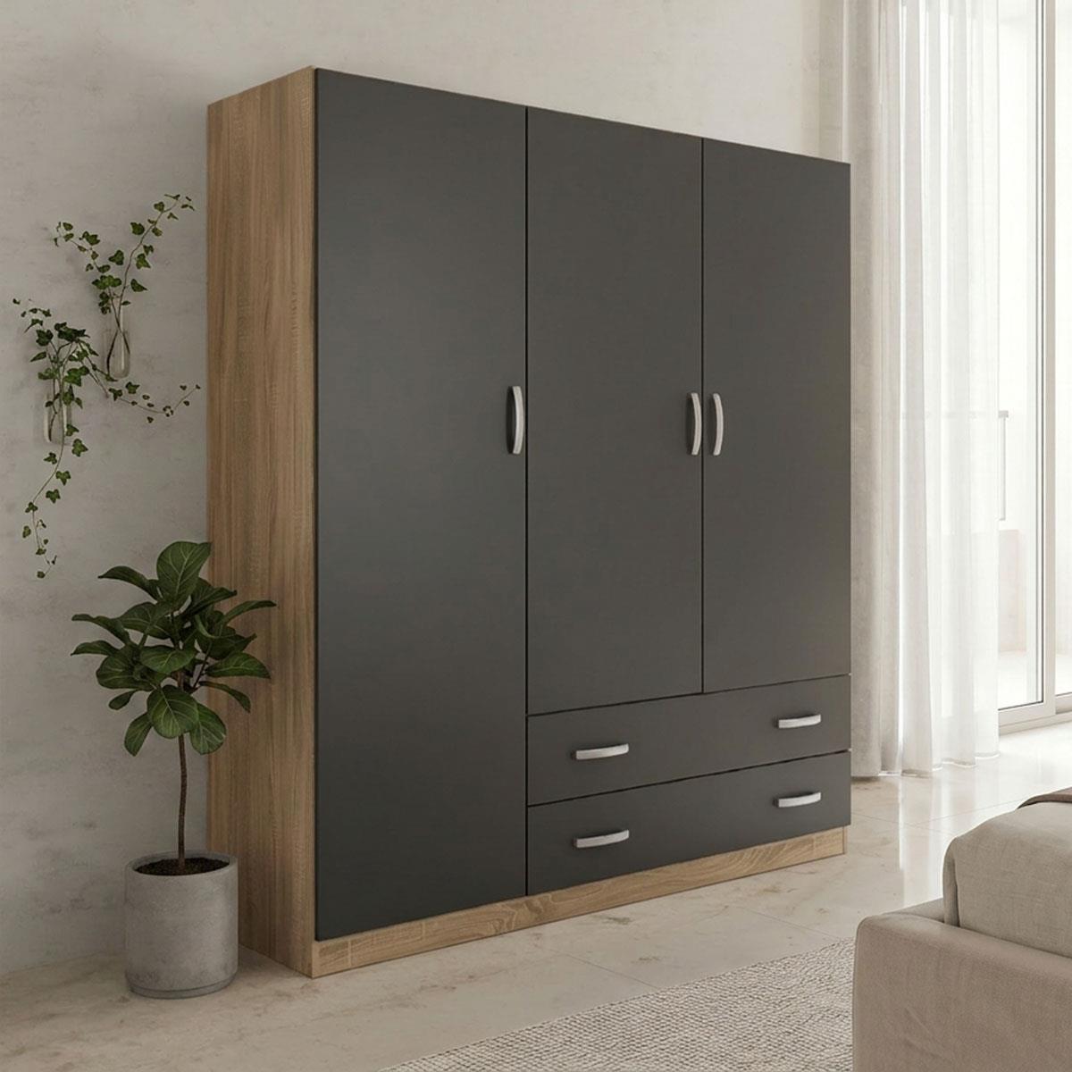 Ντουλάπα τρίφυλλη με 2 συρτάρια Alvia sonoma - ανθρακί 150x51x180εκ