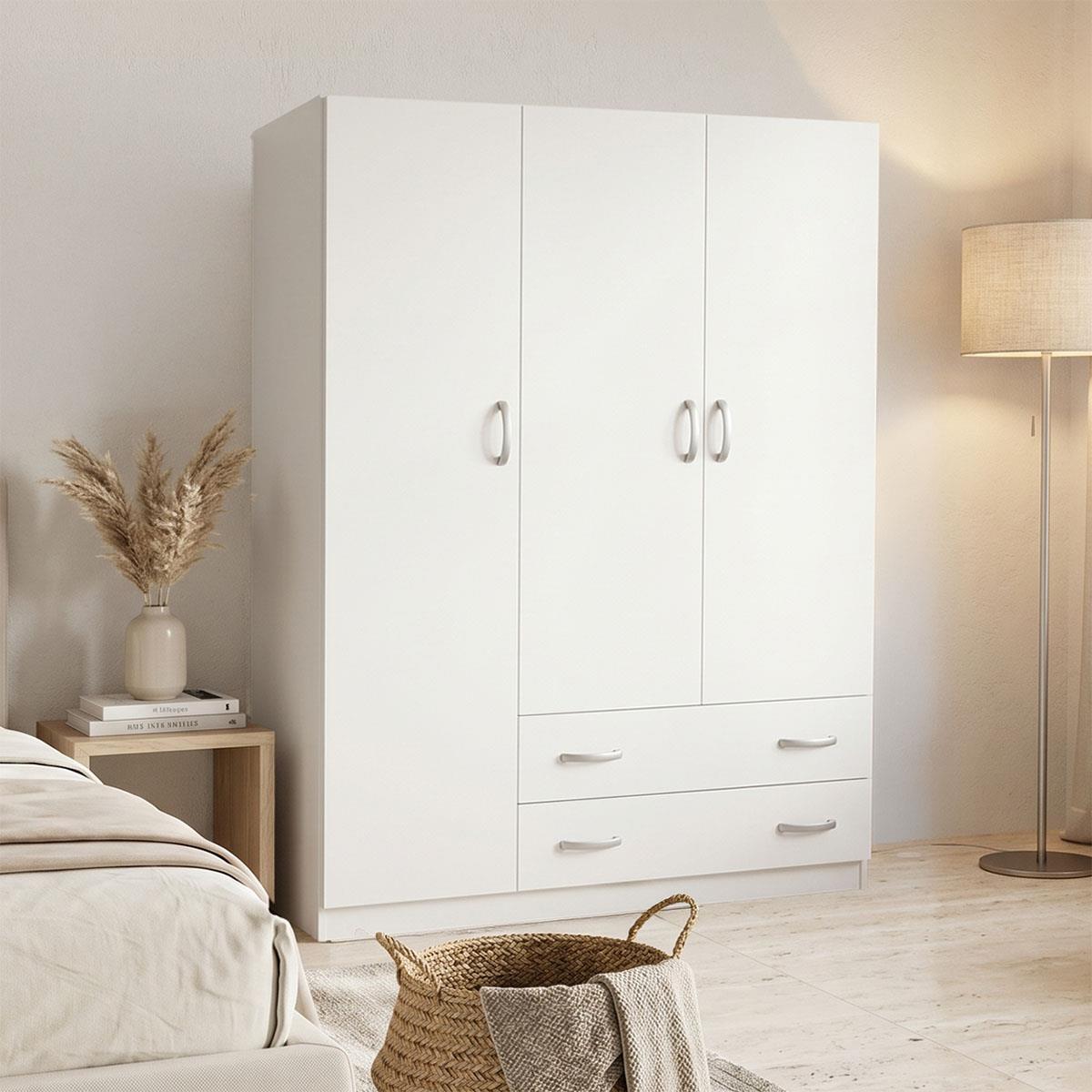 Ντουλάπα τρίφυλλη με 2 συρτάρια Alvia λευκή 150x51x180εκ