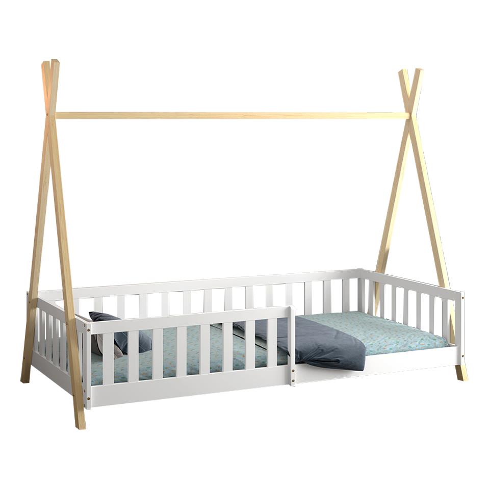 Παιδικό Κρεβάτι με Κάγκελα MUNK τύπου Montessori Πεύκο Λευκό - Φυσικό 190x90εκ