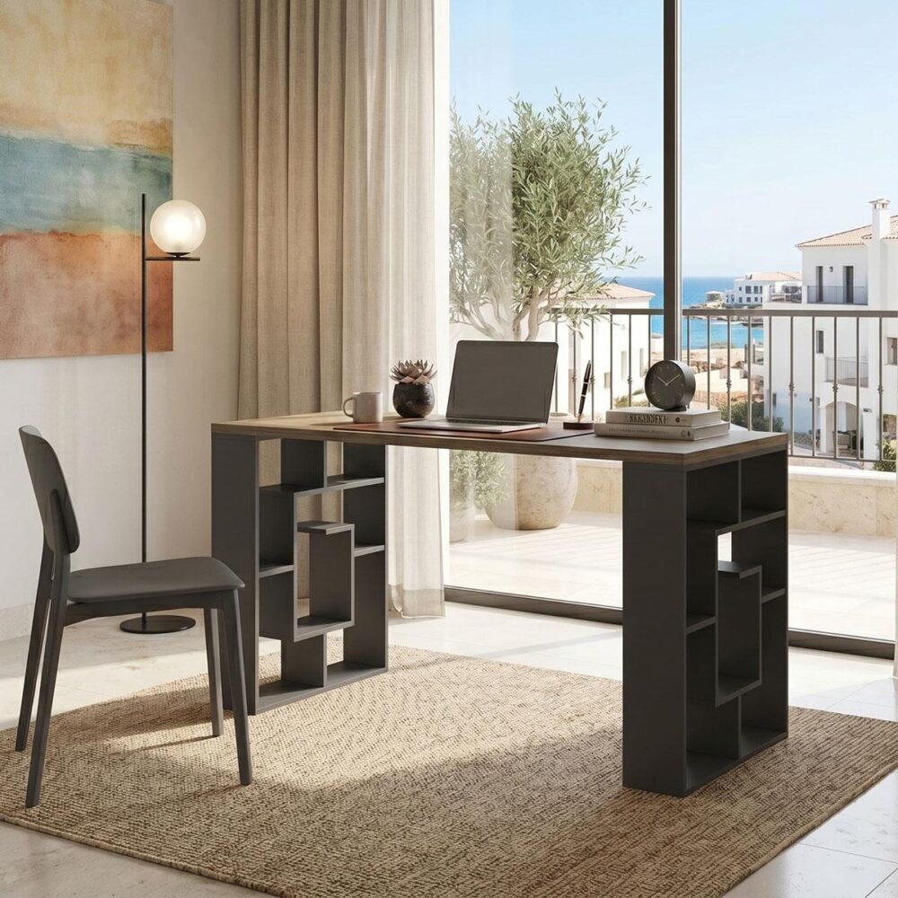 Γραφείο με ραφιέρα Labirent ανθρακί - sonoma 140x60x75Υεκ. Γραφείο με ραφιέρα Labirent ανθρακί - sonoma 140x60x75Υεκ.