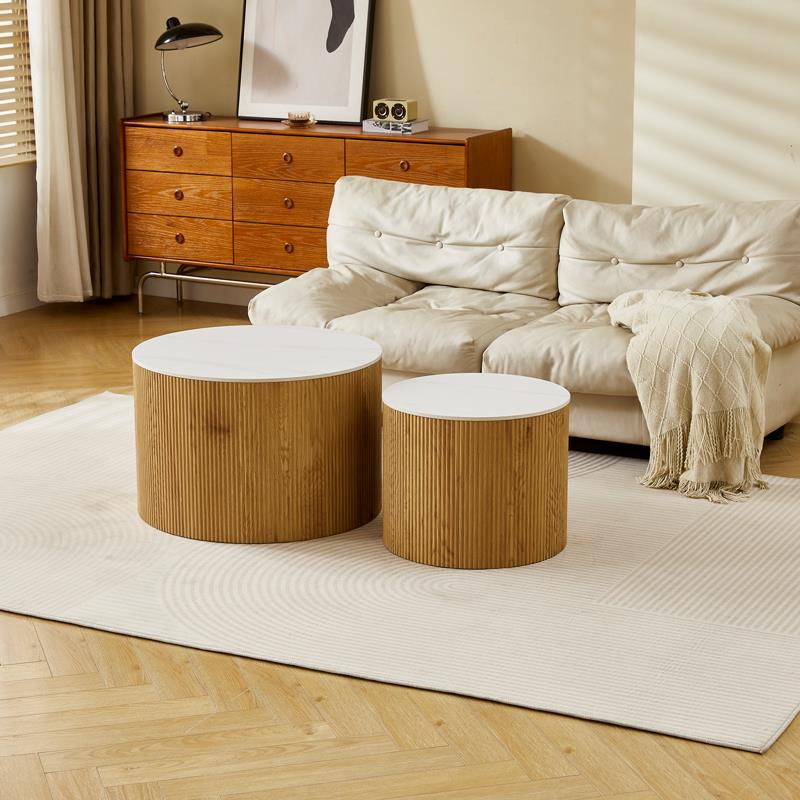 Σετ τραπεζάκια σαλονιού Nelba 2τμχ mdf oak - κεραμική επιφάνεια όψη λευκού μαρμάρου