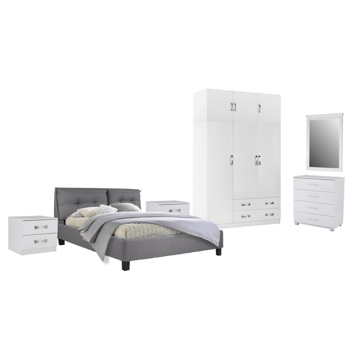 Σετ Κρεβατοκάμαρας CARLY C10884.05 6τεμ. Μελαμίνη Λευκή - Γκρι Ύφασμα