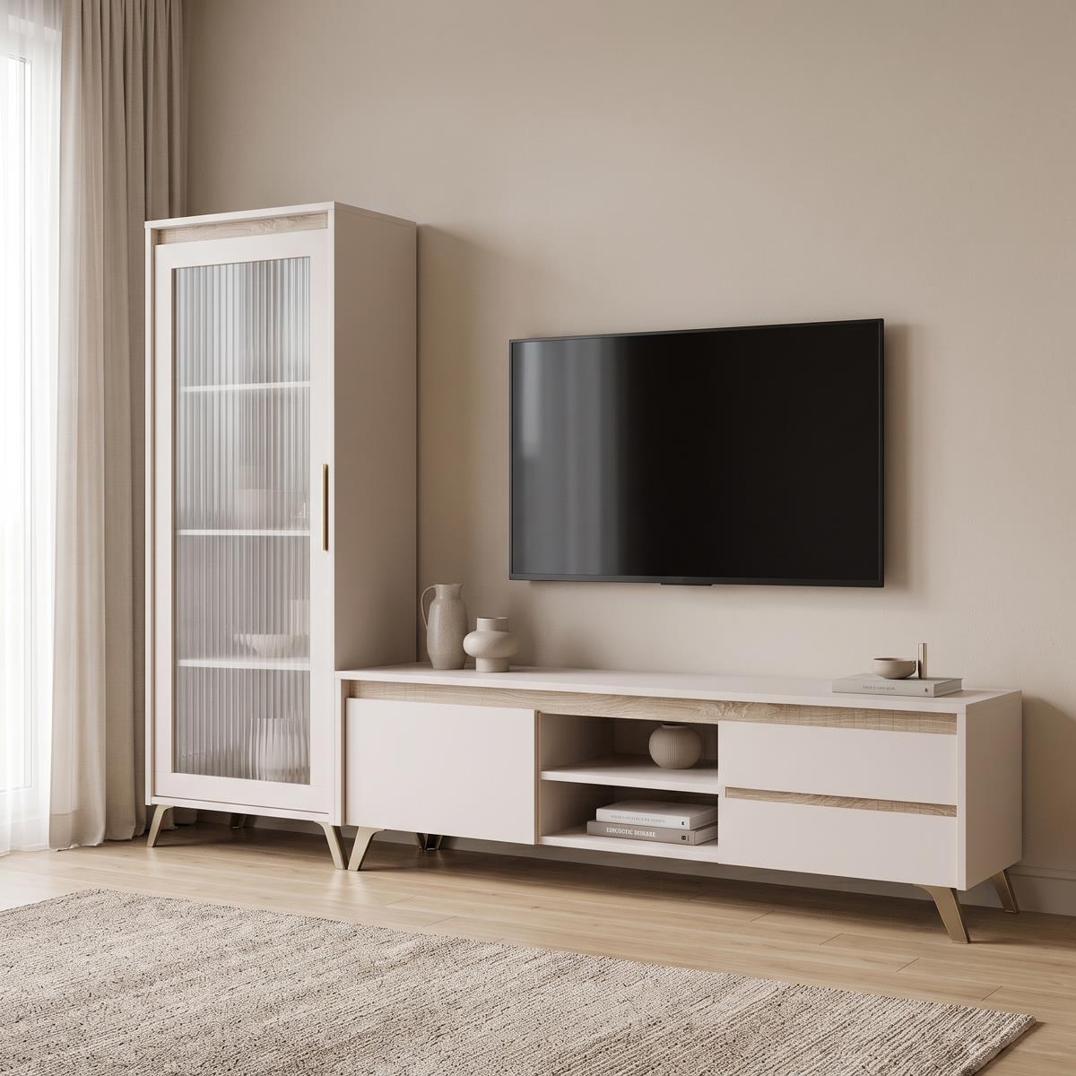 Σύνθετο σαλονιού Belka κρεμ με oak 210,6x45x152,6εκ Σύνθετο σαλονιού Belka κρεμ με oak 210,6x45x152,6εκ